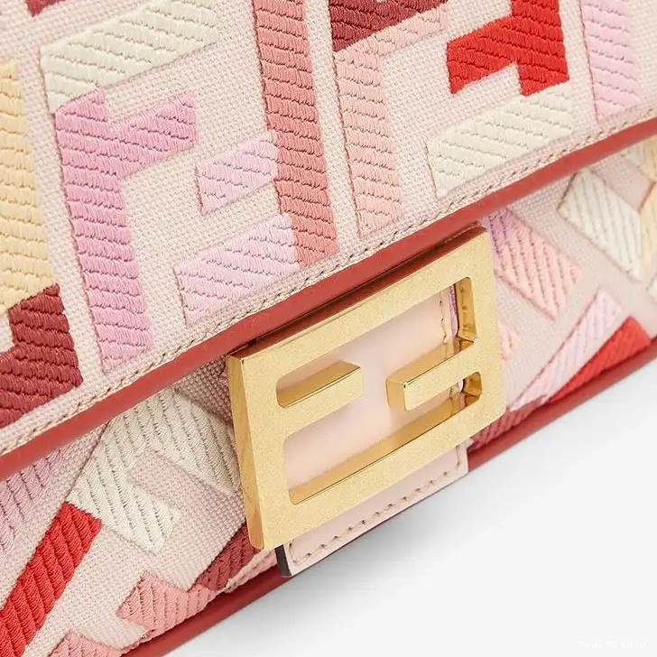 Cheap HOT In Fendi Baguette Bag Canvas Pink Medium Red Motif FF 0704